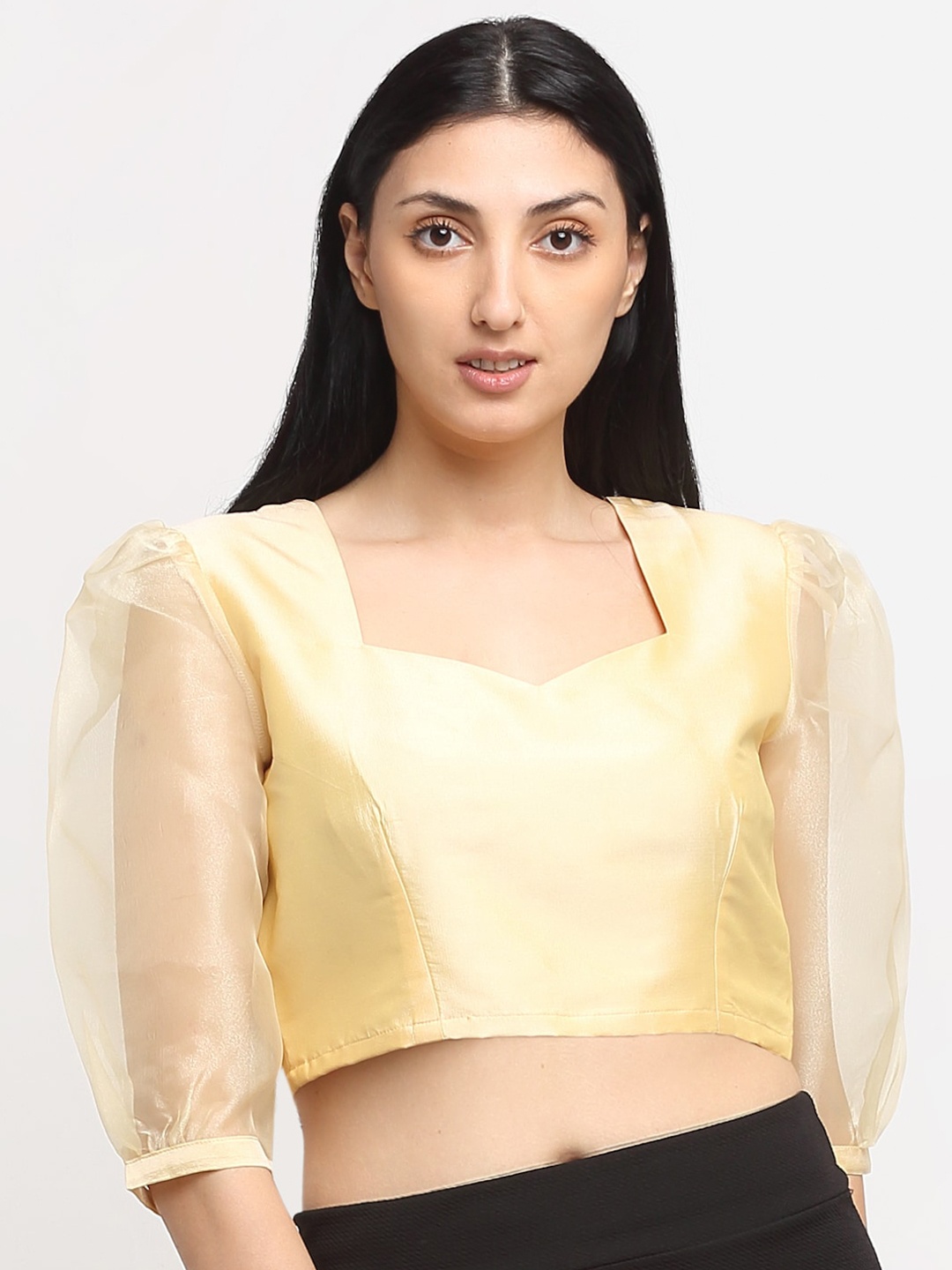 

NEUDIS Women Beige Sweetheart Neck Sheen Sheer Crop Top