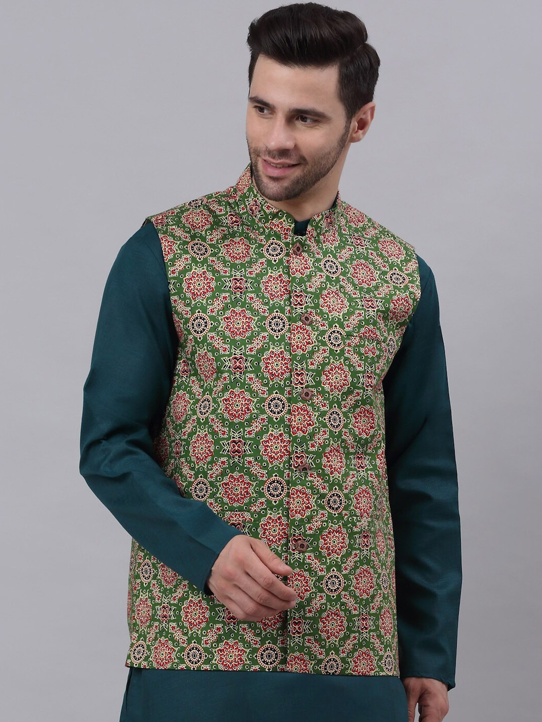 

NEUDIS Men Green Cotton Printed Nehru Jacket