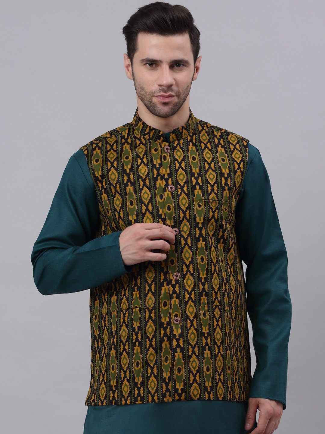 

NEUDIS Men Green & Yellow Printed Cotton Woven Nehru Jacket