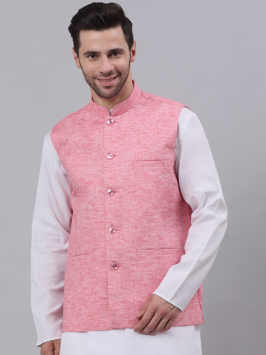 

NEUDIS Men Pink Solid Cotton Nehru Jacket