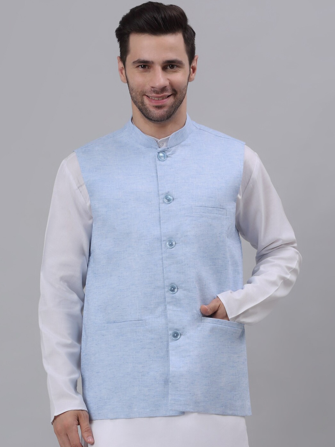 

NEUDIS Men Blue Solid Cotton Woven Nehru Jacket