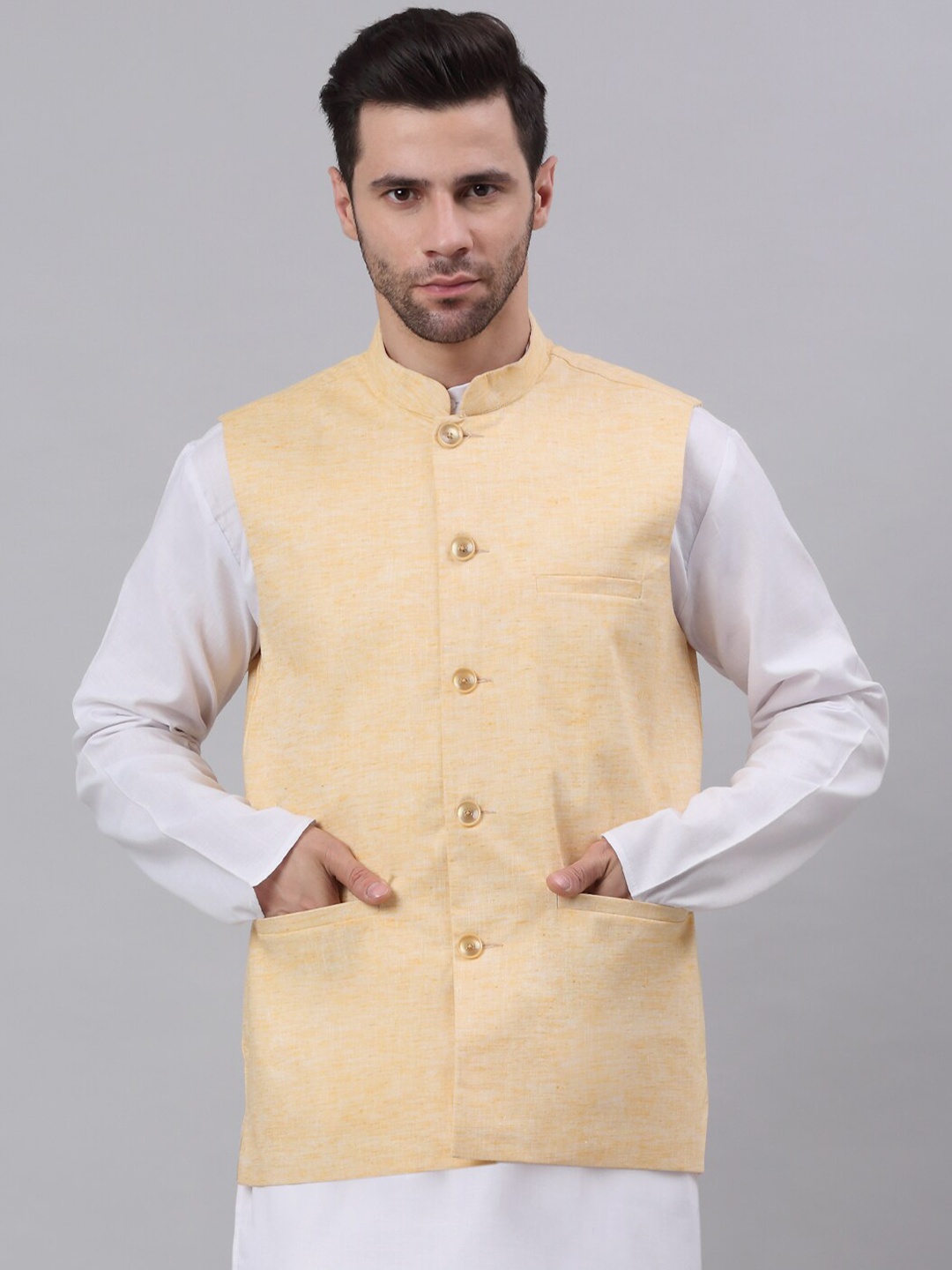 

NEUDIS Men Yellow Solid Woven Cotton Nehru Jacket