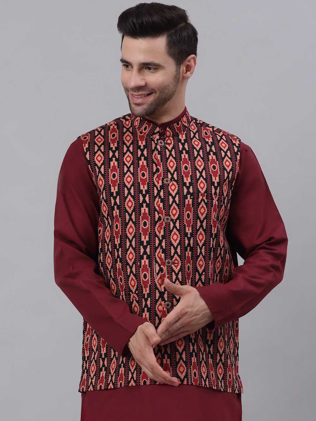 

NEUDIS Men Maroon & Black Printed Cotton Nehru Jacket