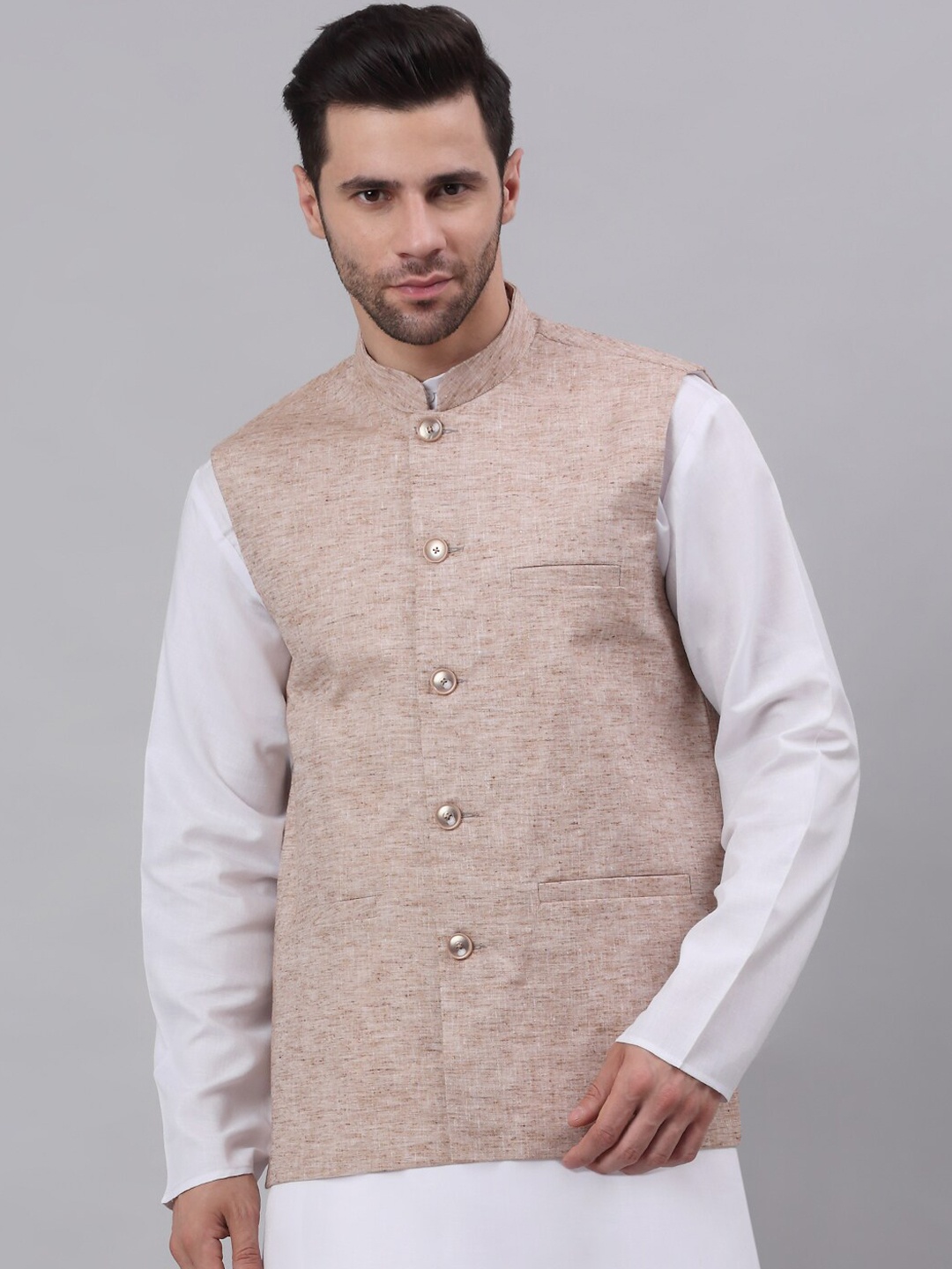 

NEUDIS Men Brown Solid Pure Cotton Nehru Jacket