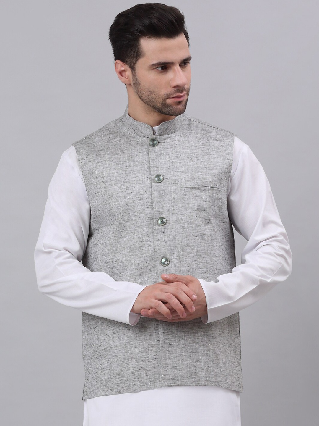 

NEUDIS Men Grey Solid Cotton Woven Nehru Jacket