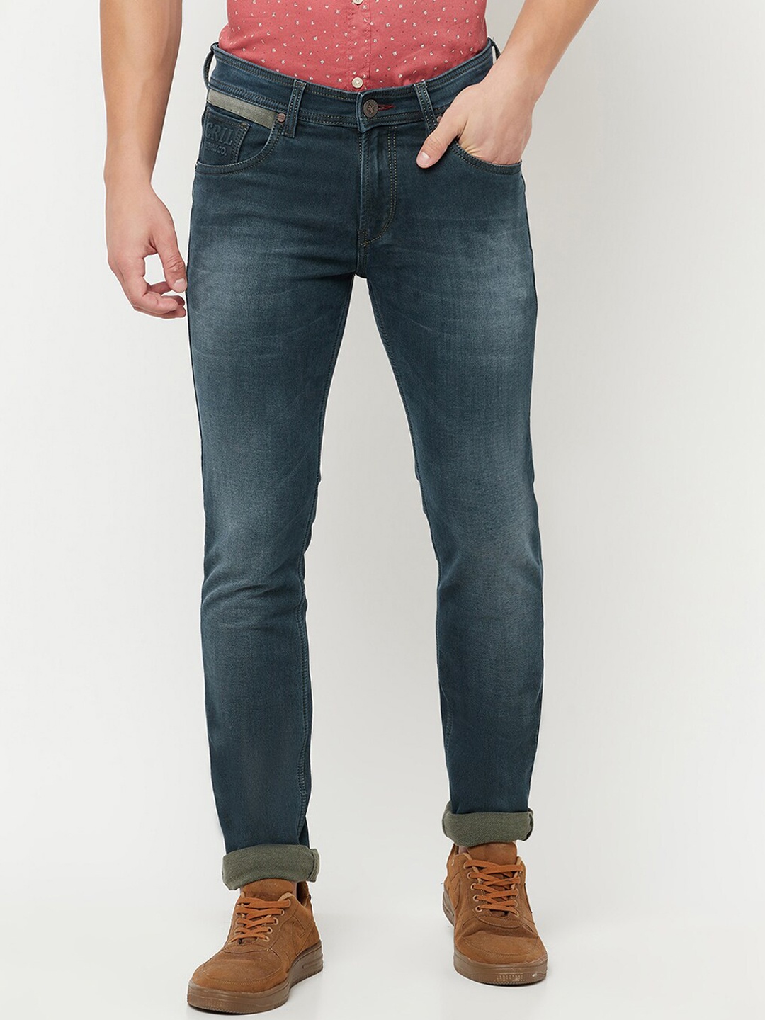 

Cantabil Men Olive Green Light Fade Jeans