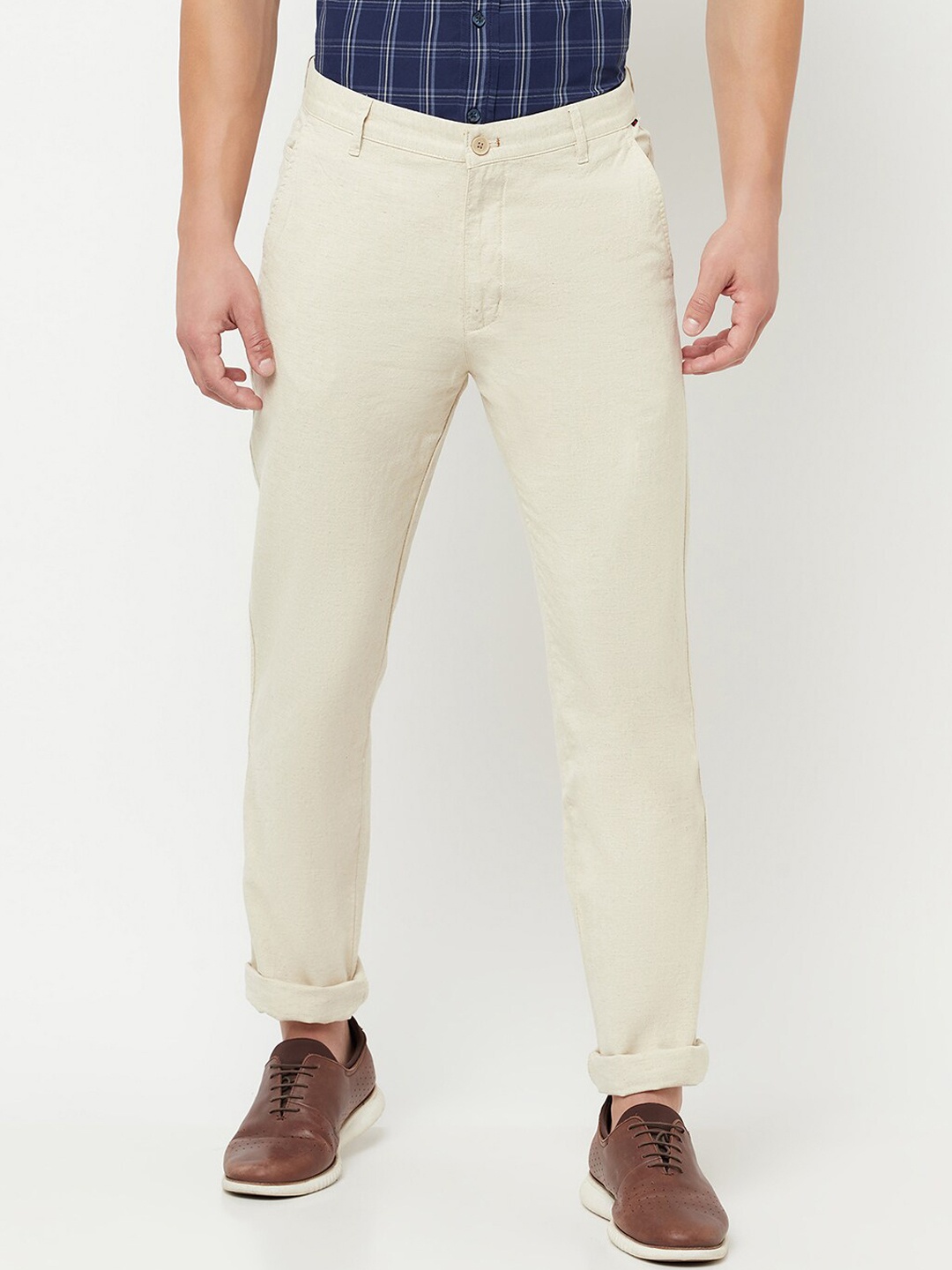 

Cantabil Men Cream-Coloured Smart Cotton Trousers