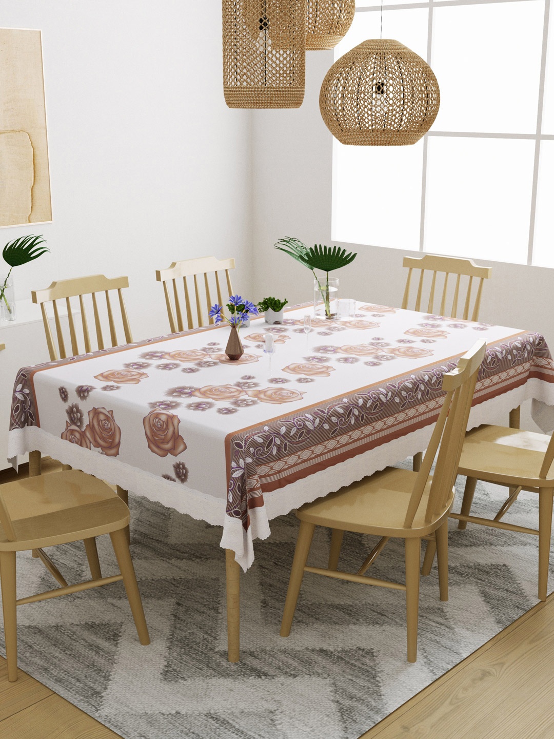 

DREAM WEAVERZ White & Rust Colored Floral Printed Rectangular 6 Seater Table Cover