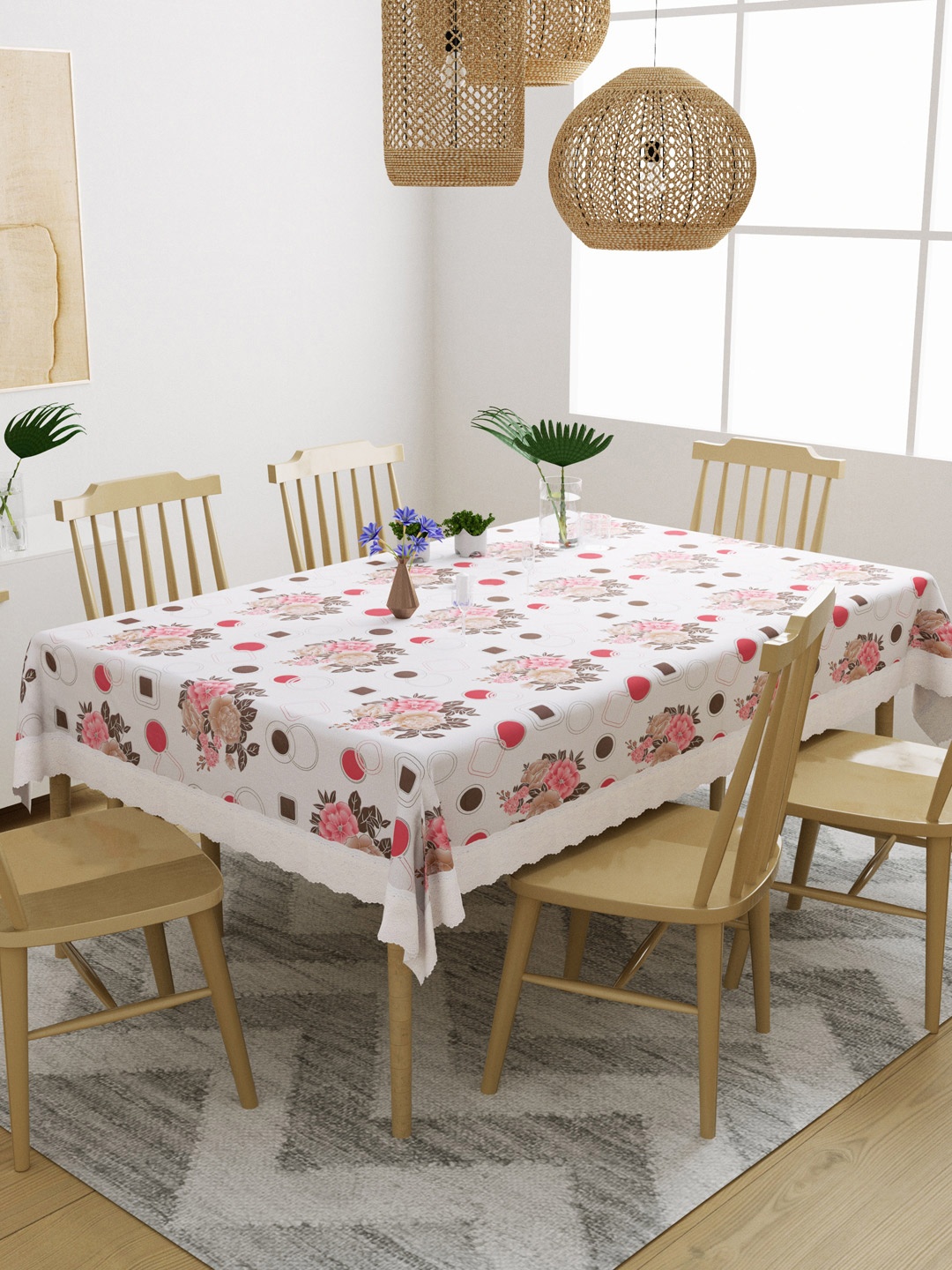 

DREAM WEAVERZ White & Pink Printed 6 Seater Rectangular Table Cover