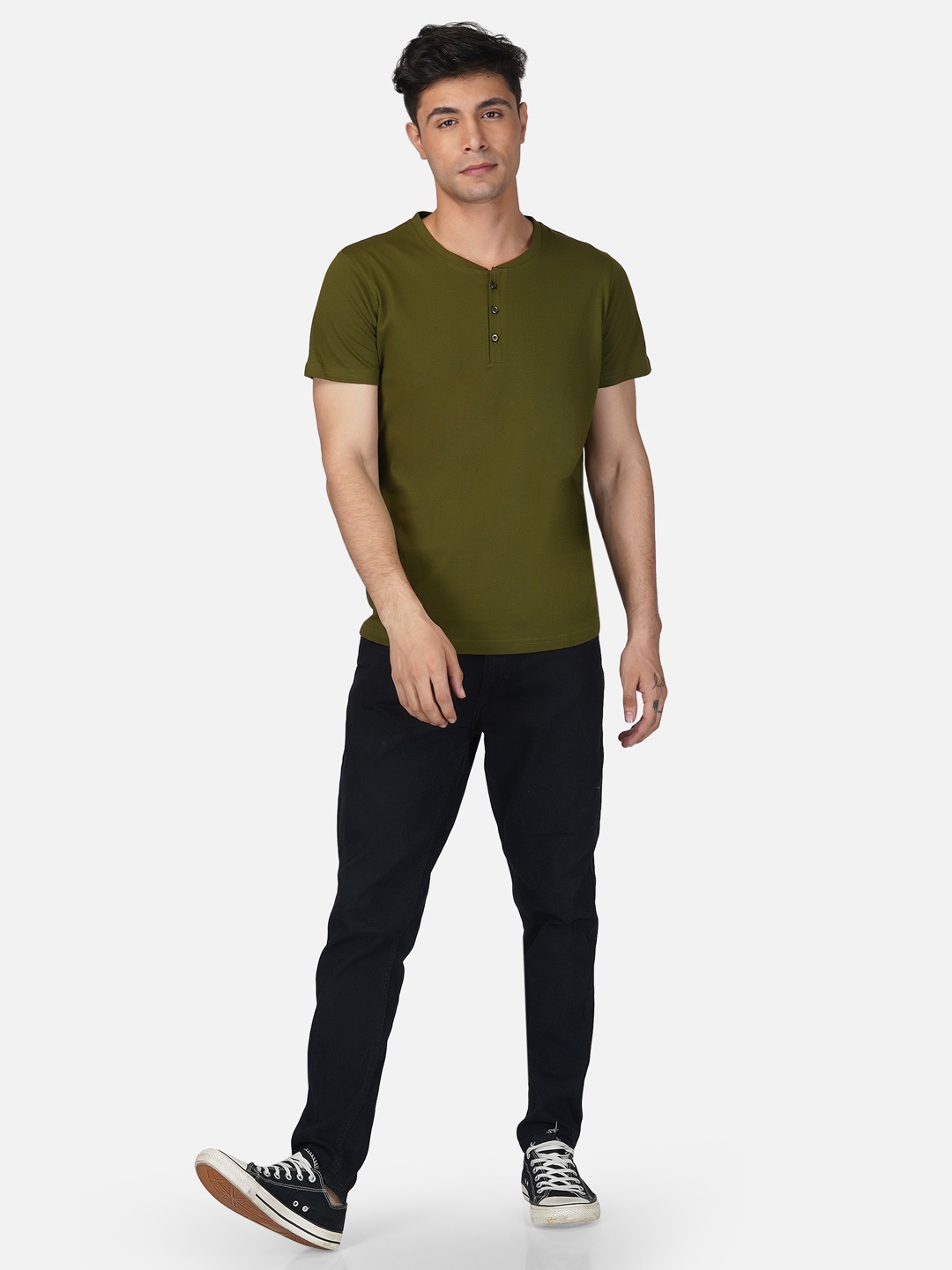 

Tinted Men Olive Green Henley Neck Cotton T-shirt