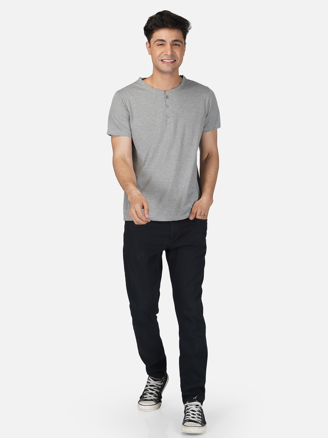 

Tinted Men Grey Melange Henley Neck T-shirt
