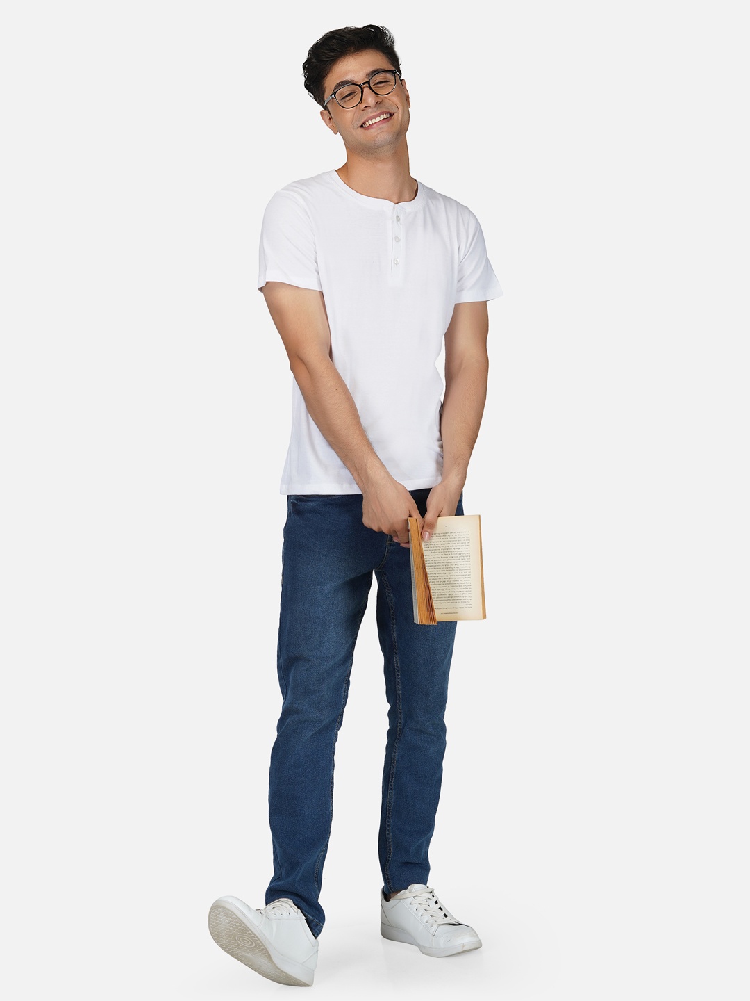 

Tinted Men White Henley Neck Cotton T-shirt