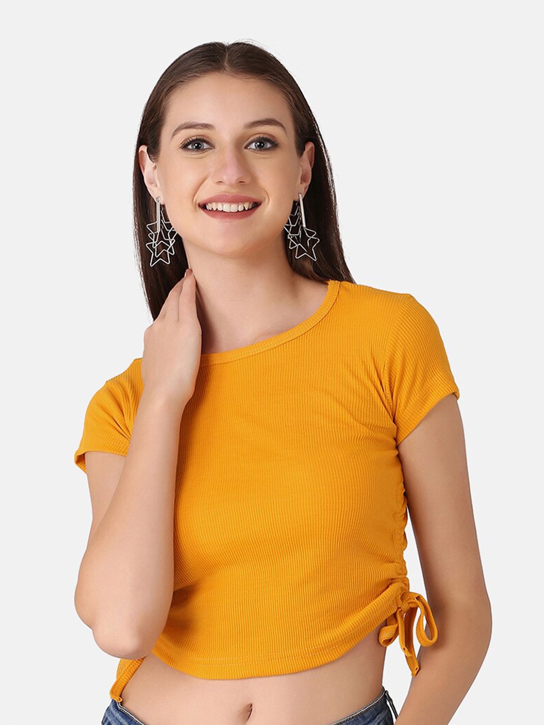 

BUY NEW TREND Women Yellow Solid Crop Top