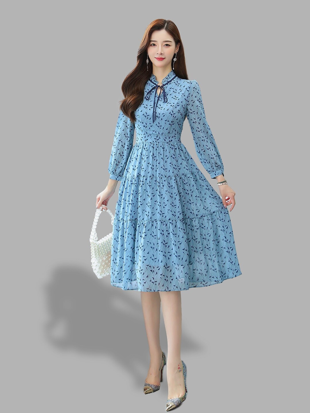 

JC Collection Blue Floral Tie-Up Neck Dress
