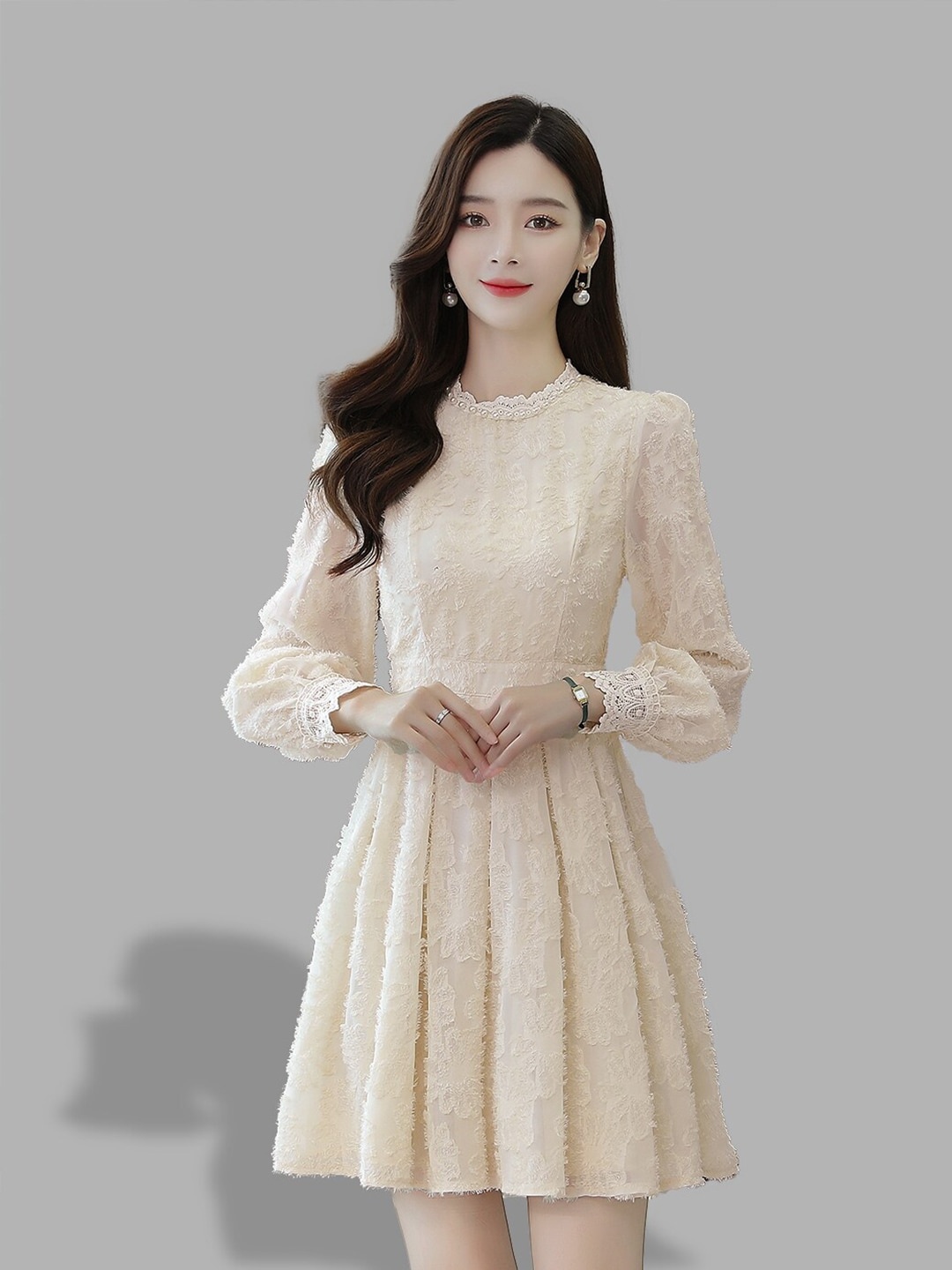 

JC Collection Women Beige Self Design Fit and Flare Dress