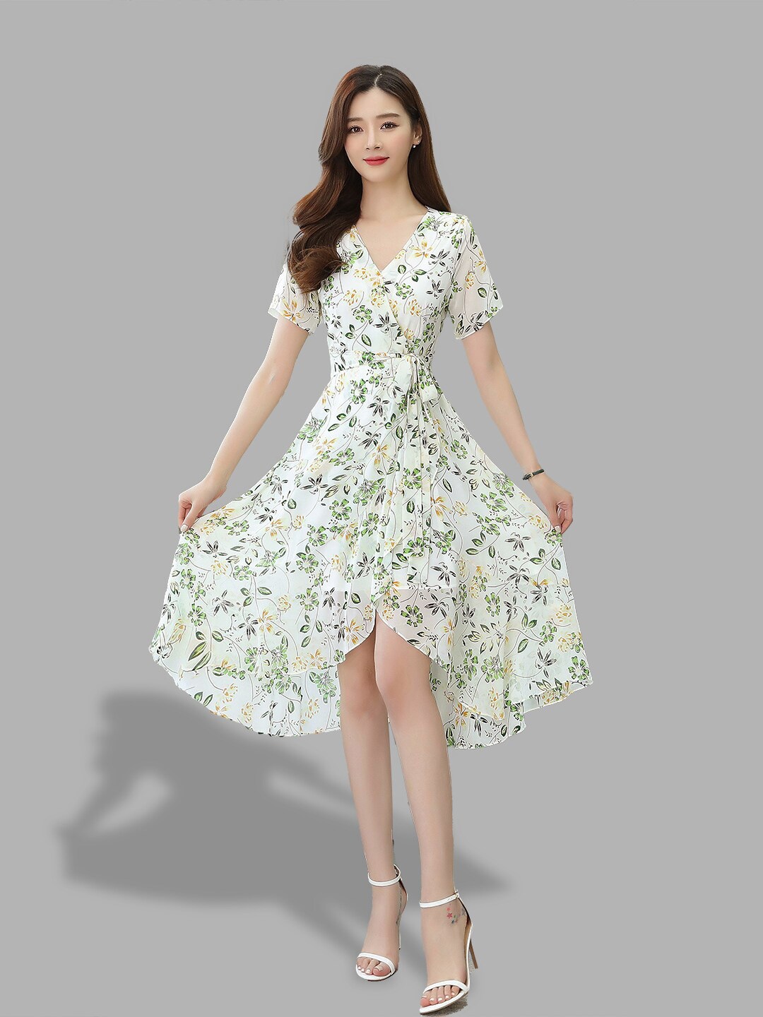 

JC Collection White & Green Floral Wrap Dress