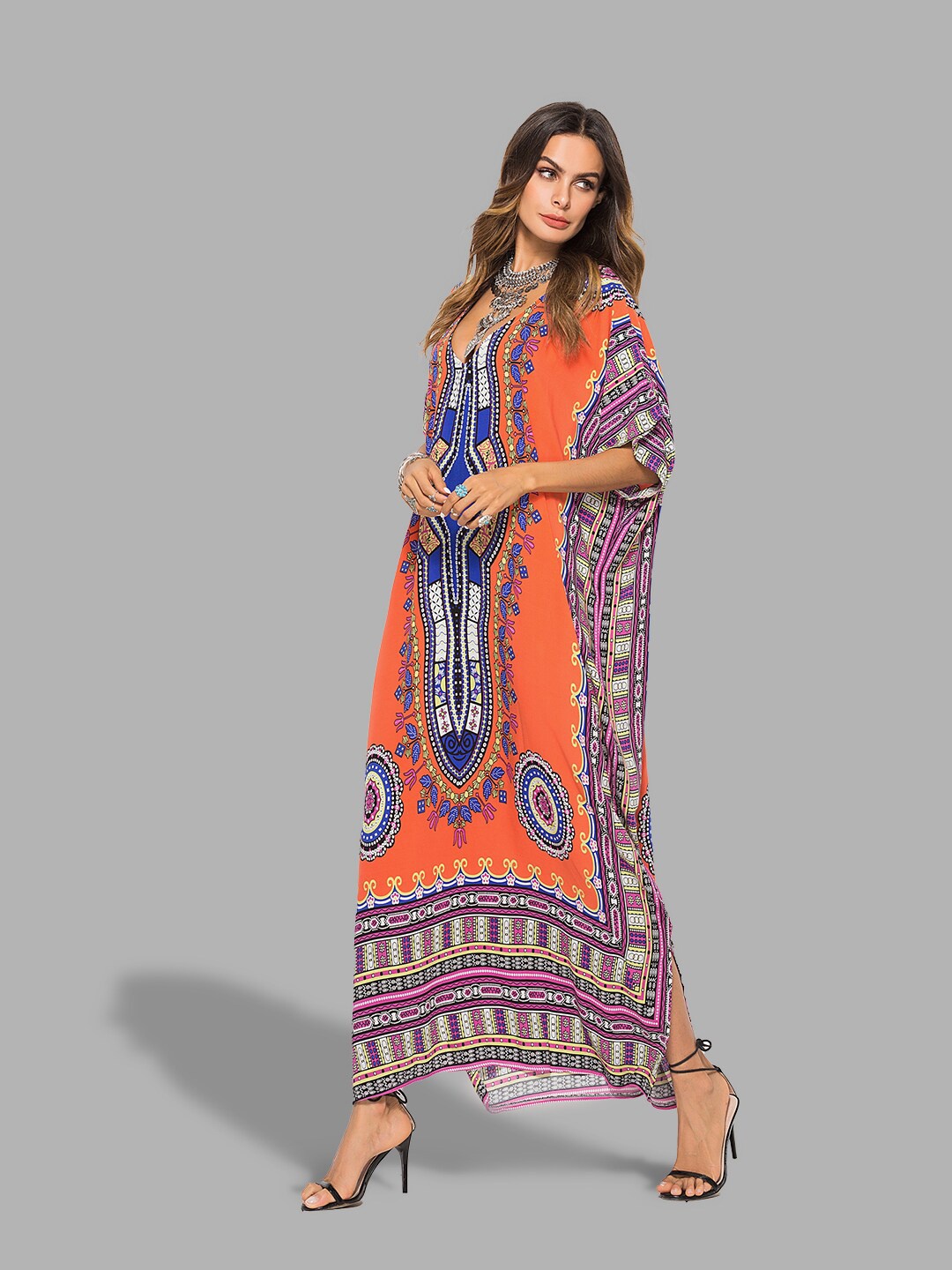 

JC Collection Orange Ethnic Motifs Kaftan Midi Dress