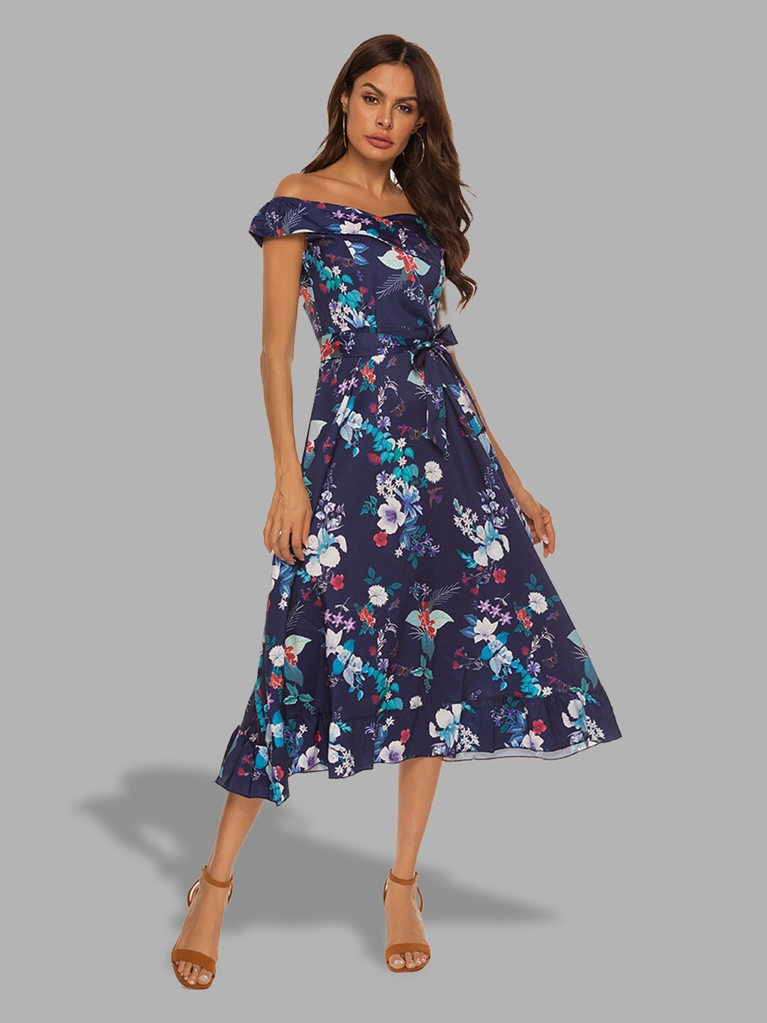 

JC Collection Women Navy Blue Floral Off-Shoulder Midi Dress