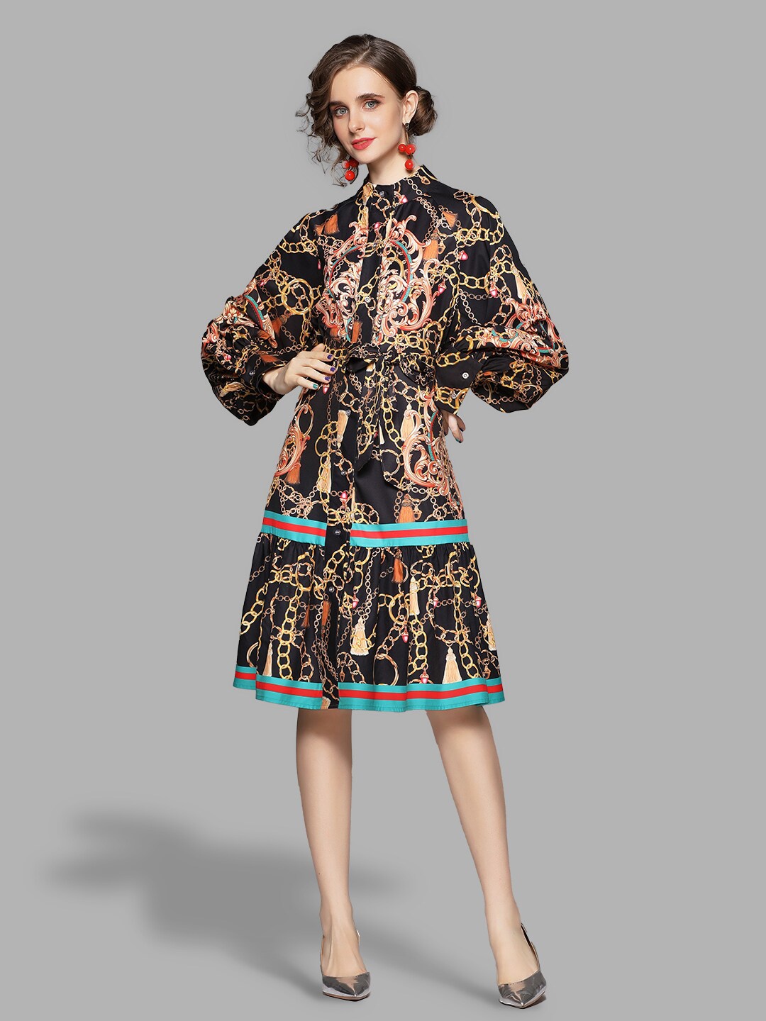 

JC Collection Women Black & Brown Ethnic Motifs Tie-Up Neck A-Line Dress