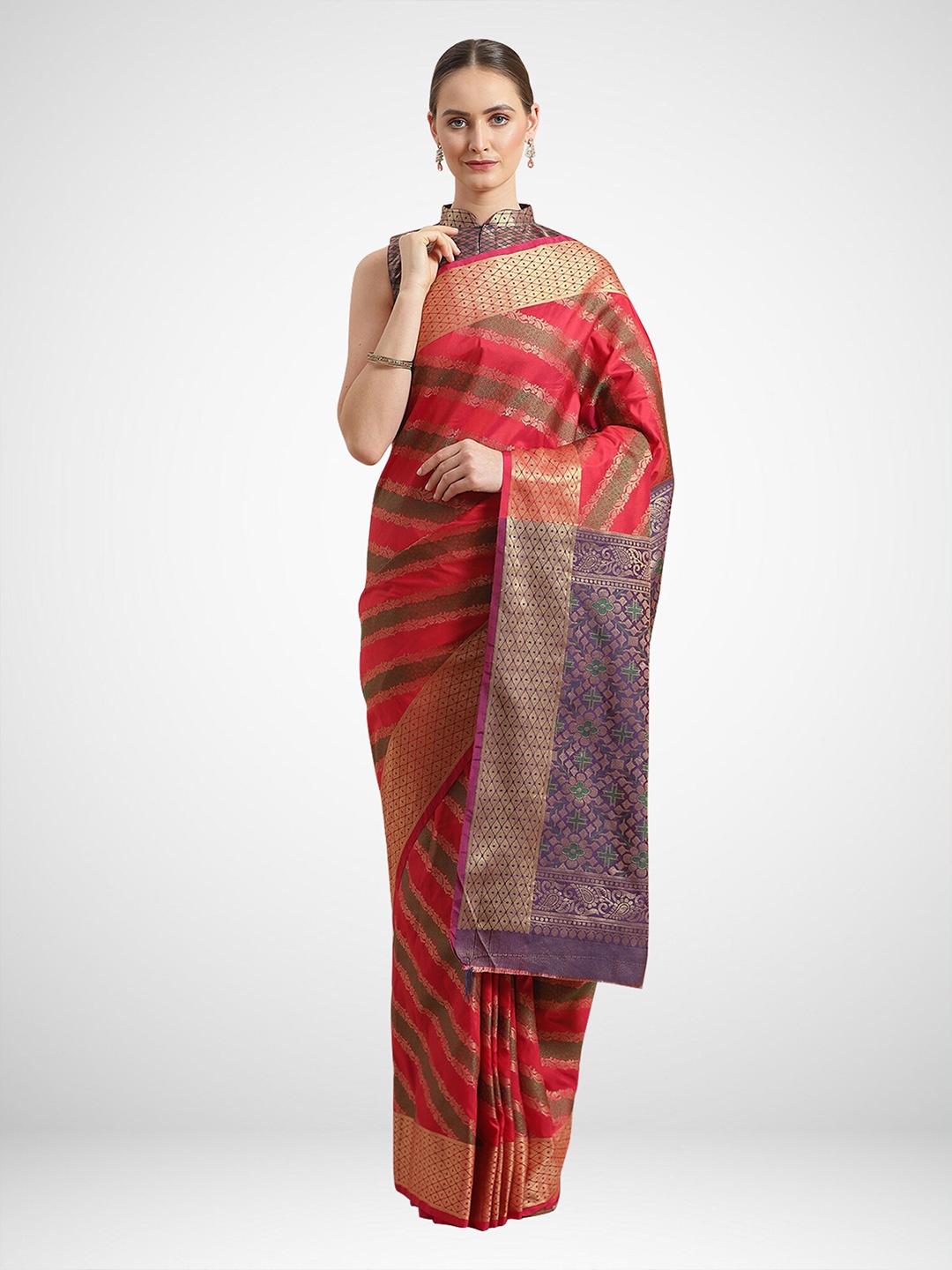 

KALINI Peach-Coloured & Purple Woven Design Zari Silk Blend Saree