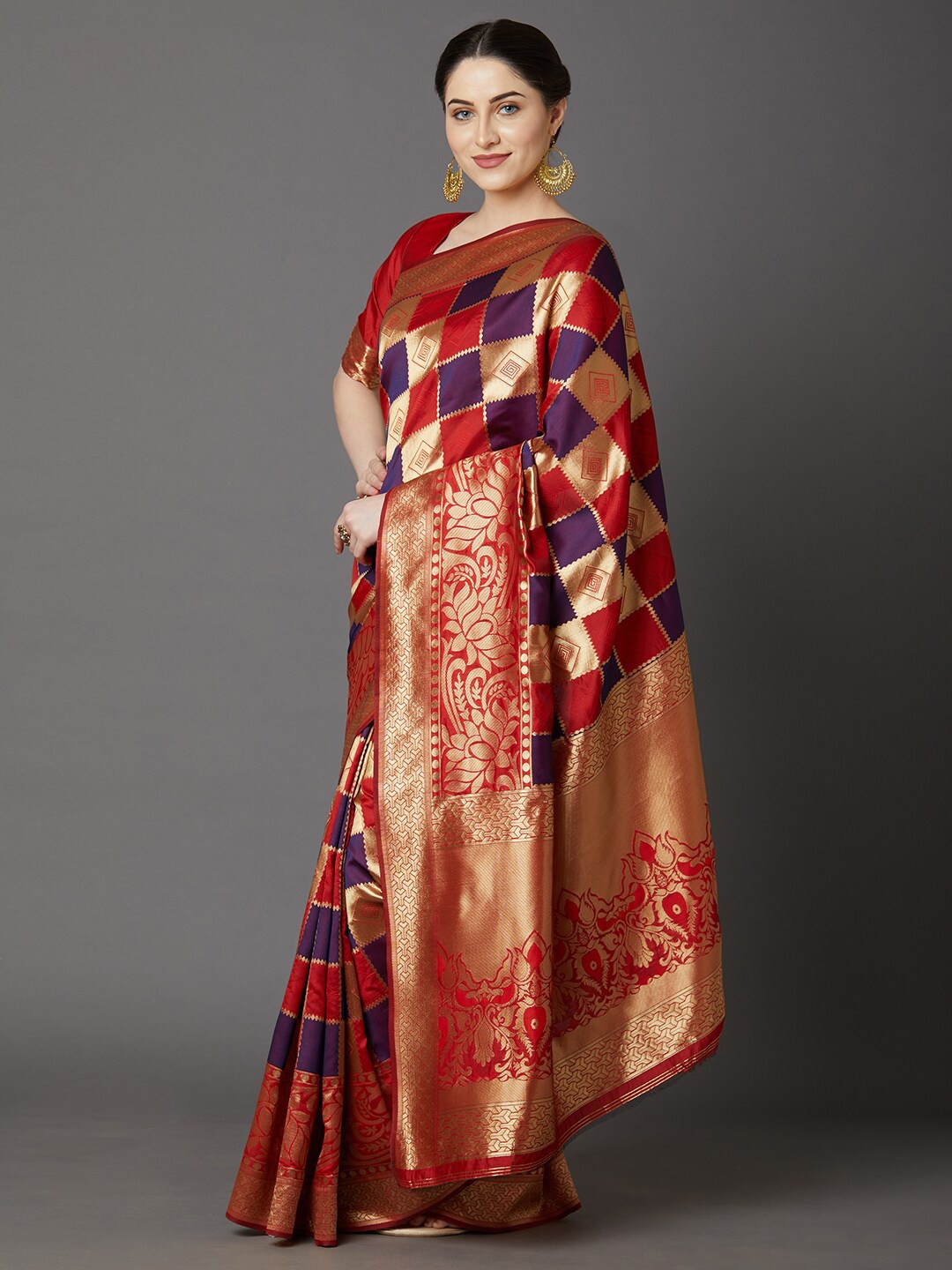 

KALINI Red & Gold-Toned Checked Zari Silk Blend Saree