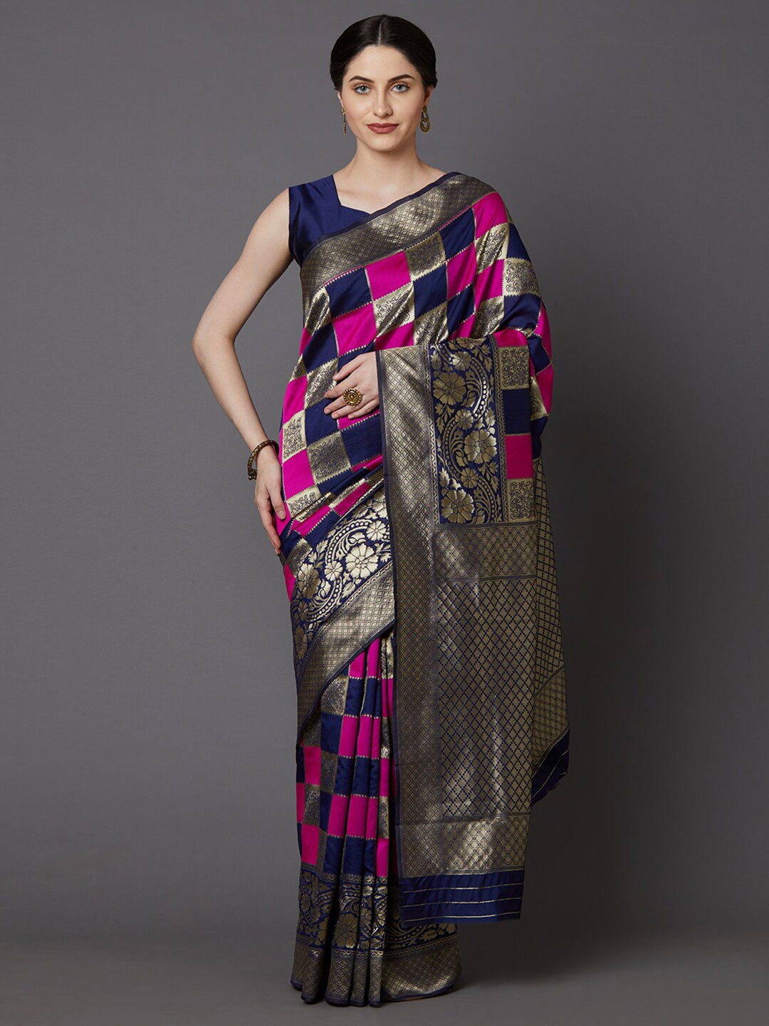 

KALINI Pink & Navy Blue Ethnic Motifs Zari Silk Blend Saree