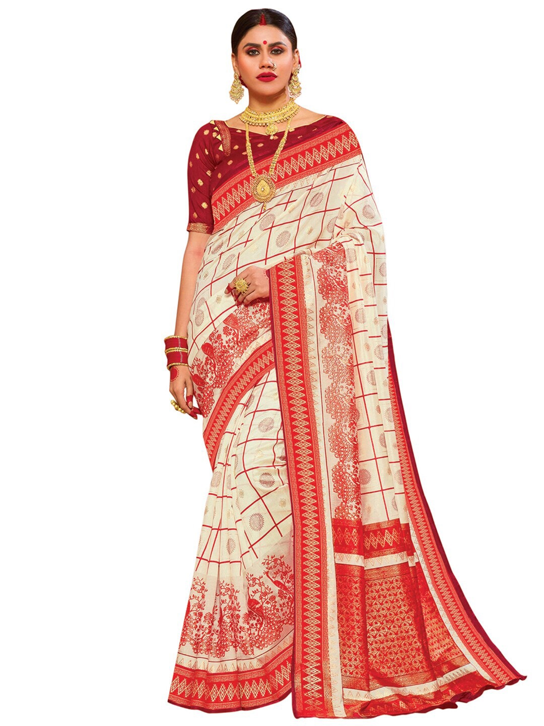 

KALINI Cream-Coloured & Red Ethnic Motifs Patola Saree