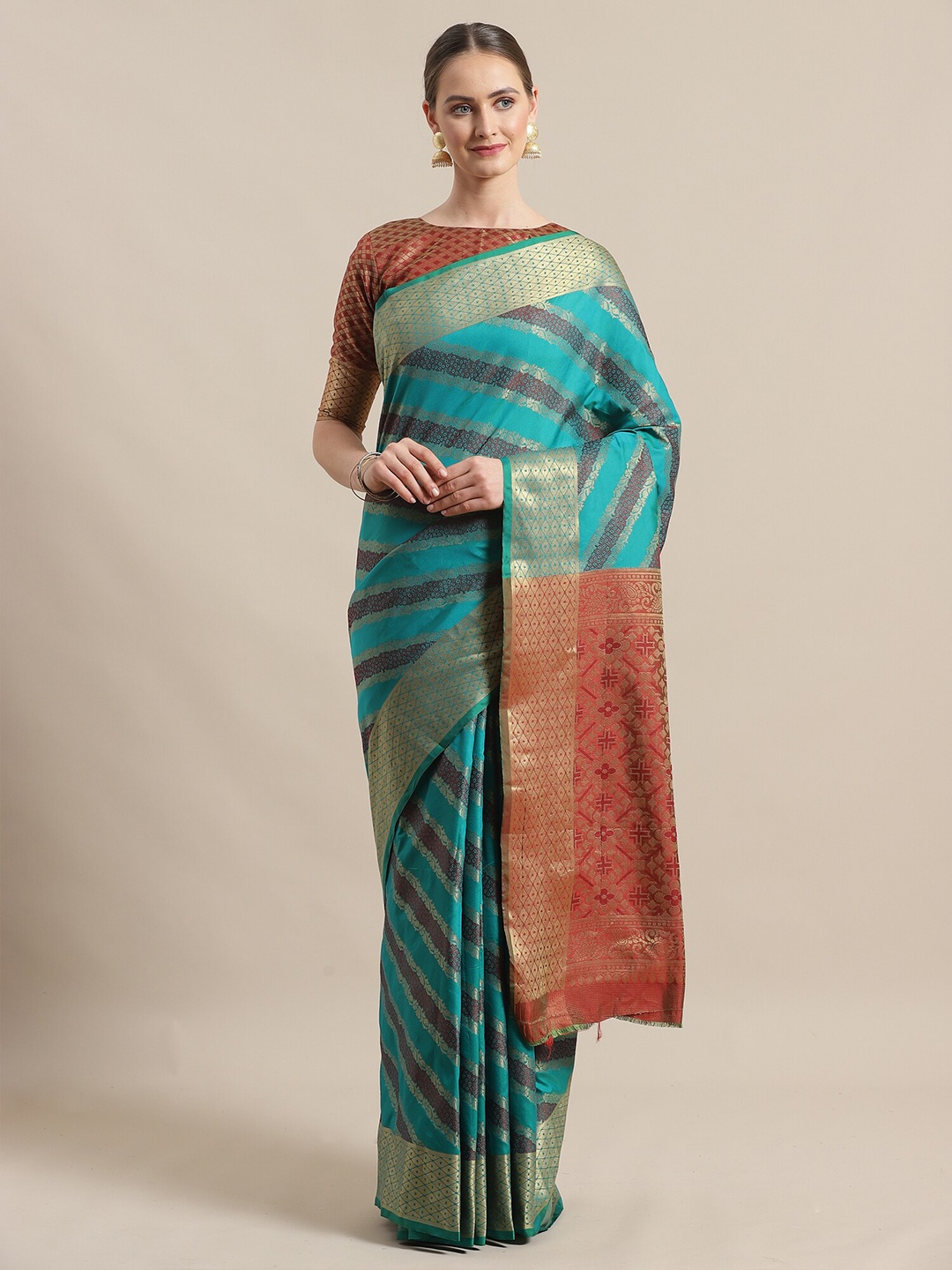 

KALINI Teal & Red Woven Design Zari Silk Blend Saree