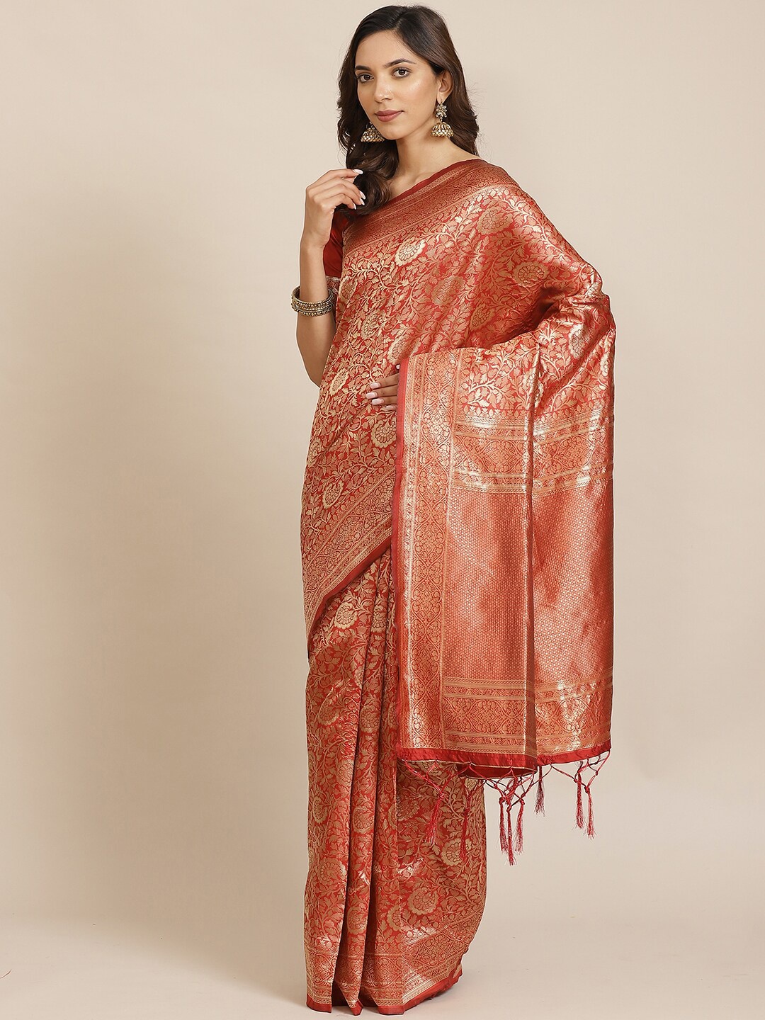 

KALINI Maroon & Gold-Toned Ethnic Motifs Zari Saree