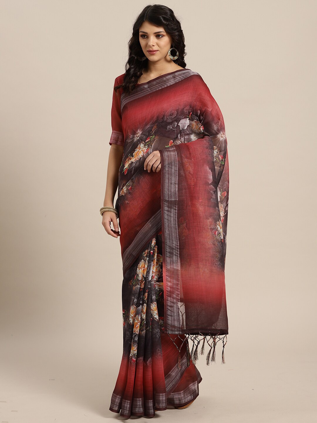 

KALINI Black & Red Floral Linen Blend Saree