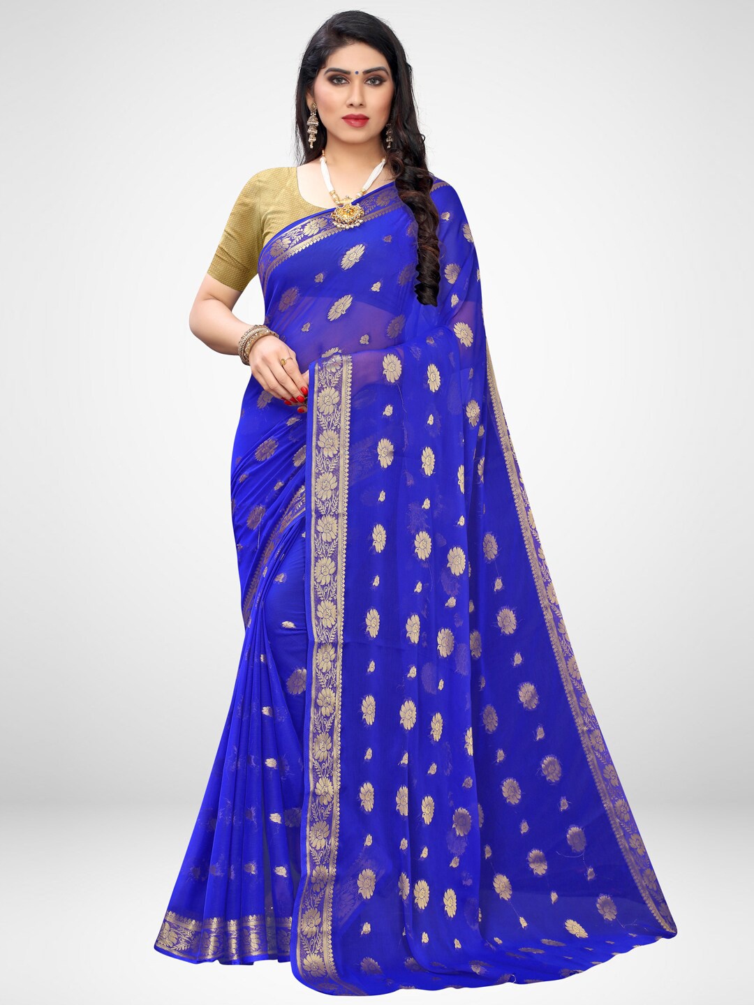 

KALINI Blue & Gold-Toned Woven Design Zari Saree