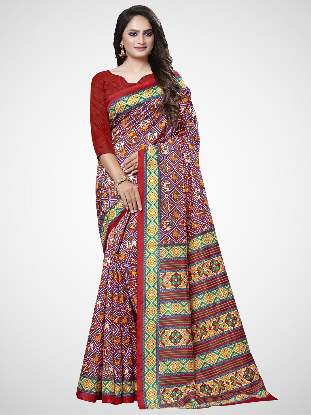 

KALINI Red & Blue Ethnic Motifs Silk Blend Saree