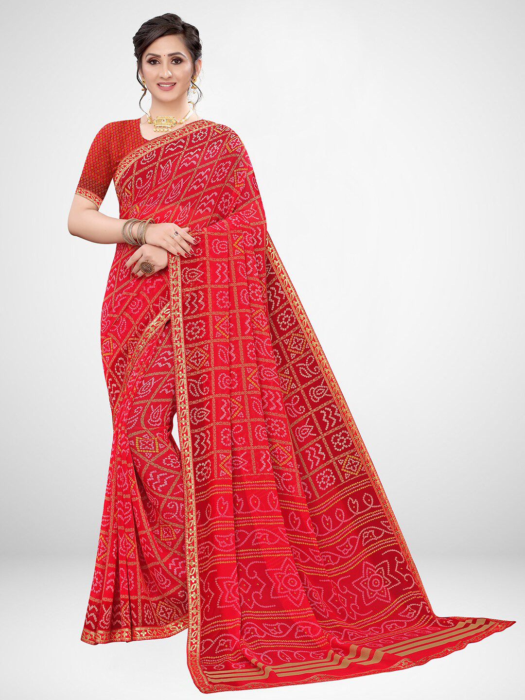 

KALINI Red & White Bandhani Zari Pure Georgette Saree