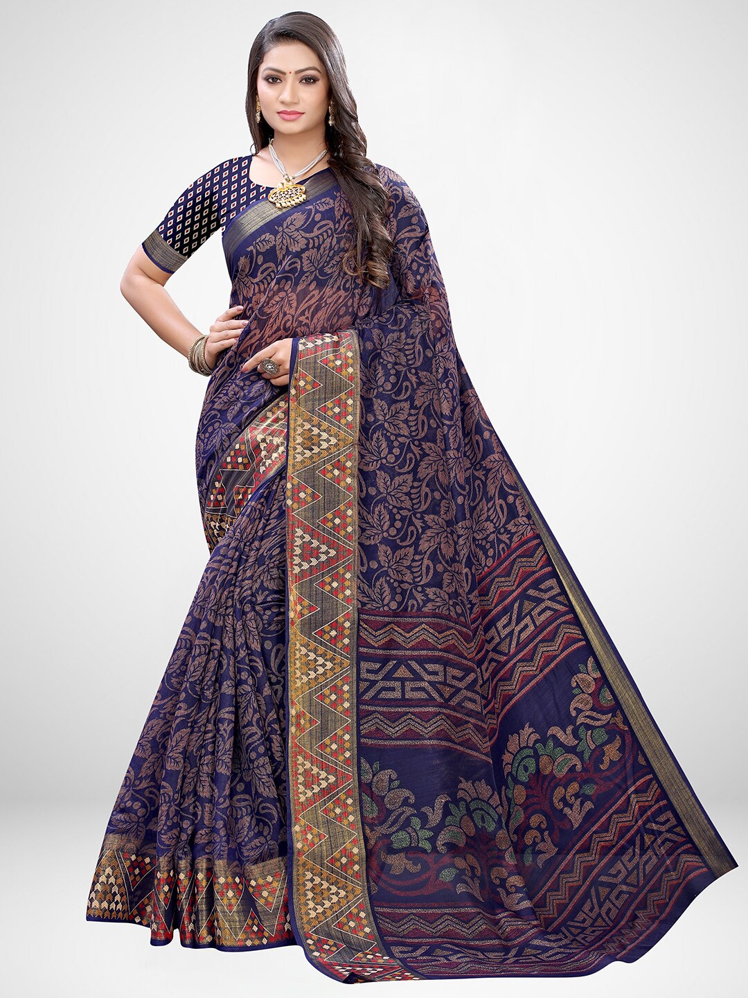 

KALINI Navy Blue & Brown Ethnic Motifs Brasso Saree