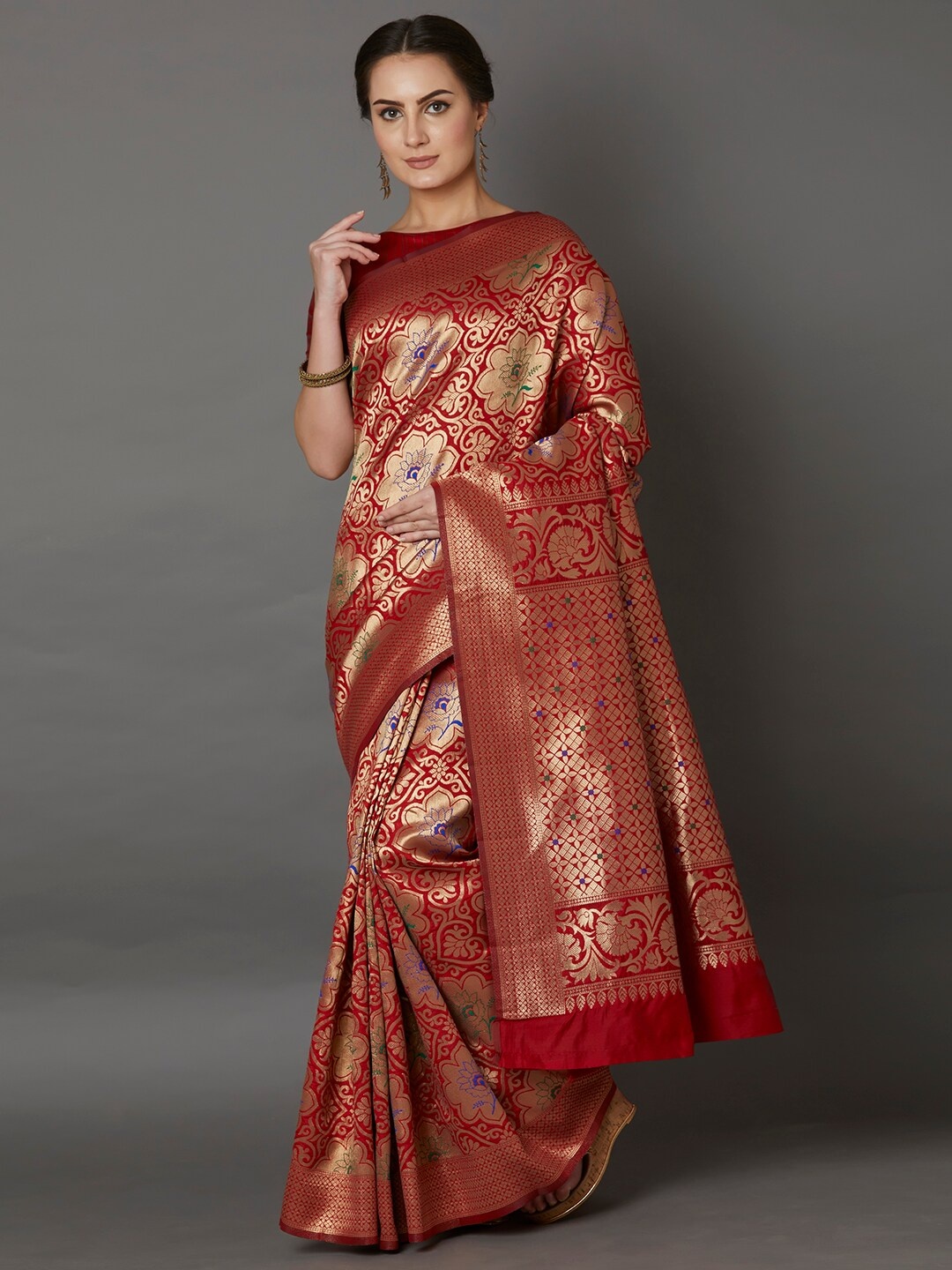 

KALINI Red & Gold-Toned Floral Zari Silk Blend Saree