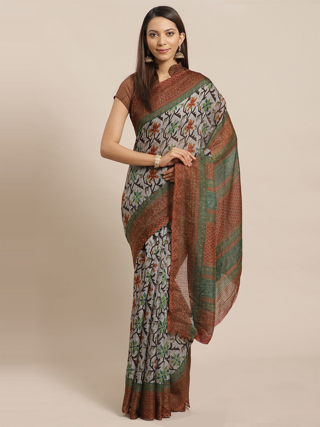 

KALINI Grey & Brown Floral Silk Blend Saree