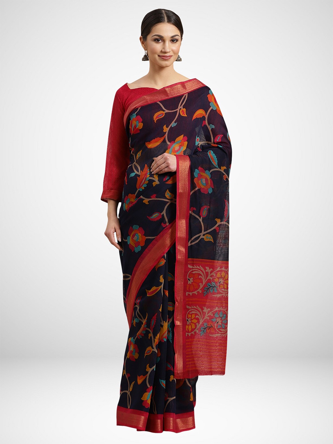 

KALINI Navy Blue & Red Ethnic Motifs Silk Cotton Saree