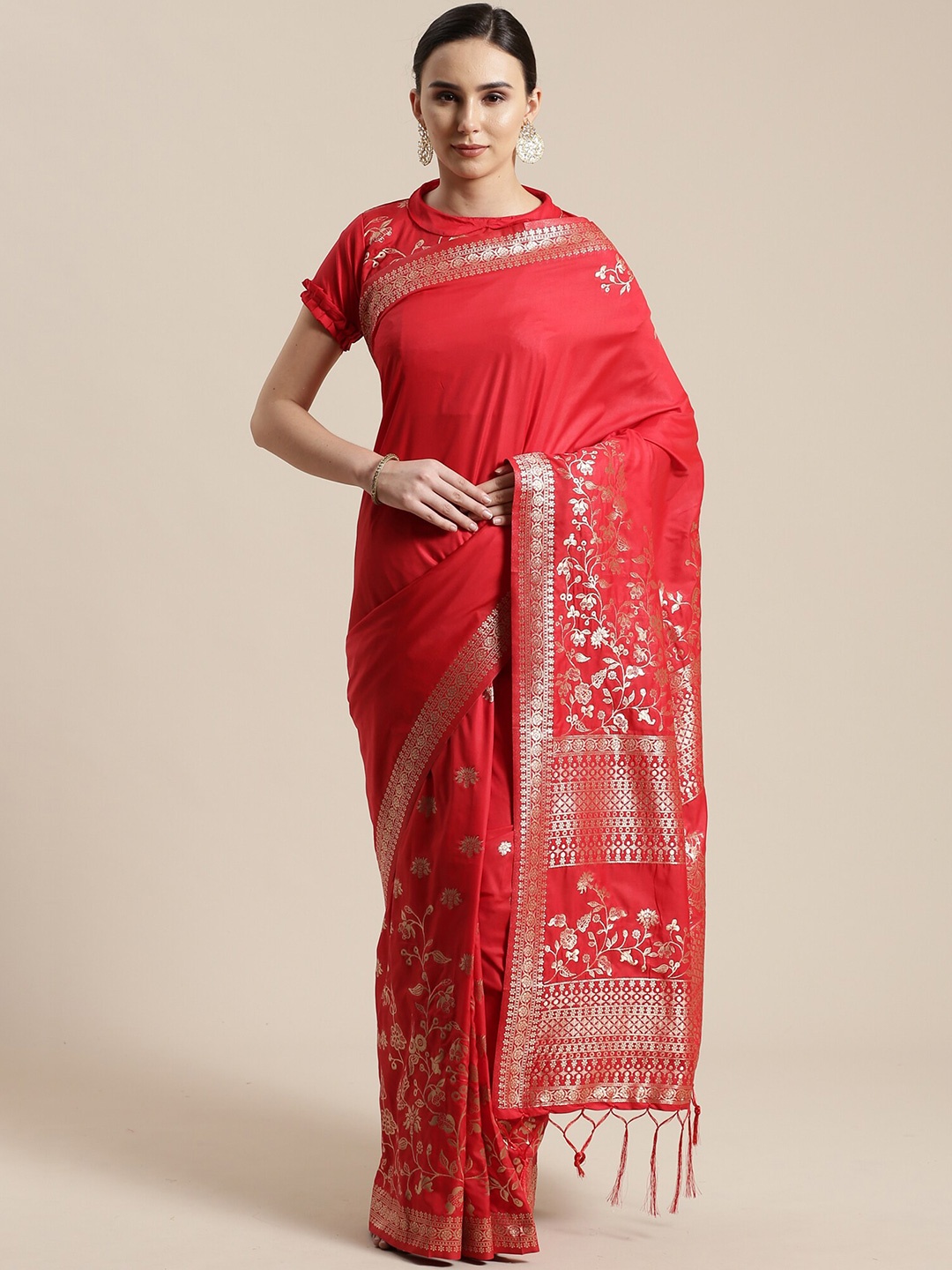 

KALINI Red & Gold-Toned Floral Zari Silk Blend Saree