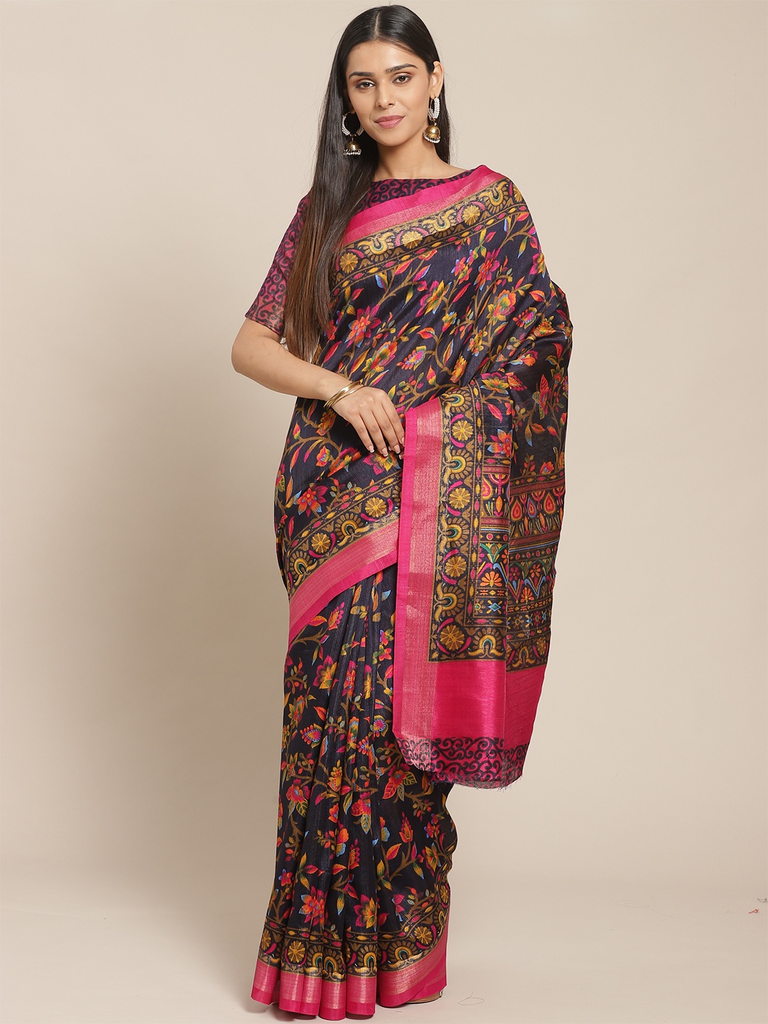 

KALINI Navy Blue & Pink Floral Silk Cotton Saree