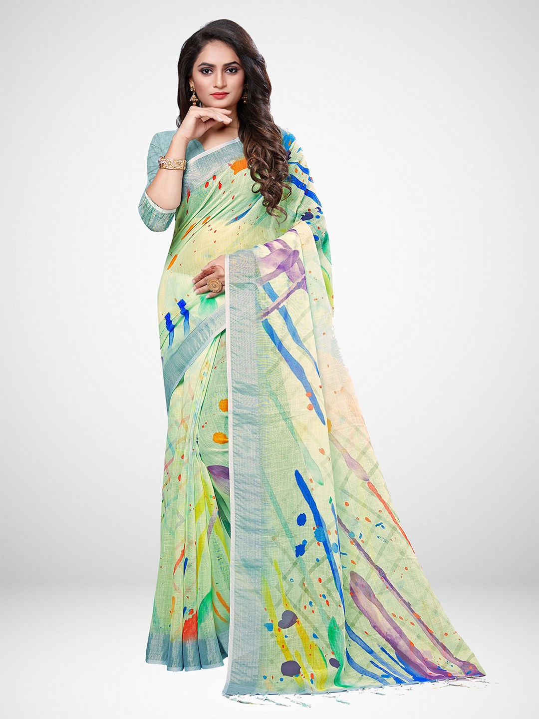 

KALINI Green & Blue Printed Linen Blend Saree