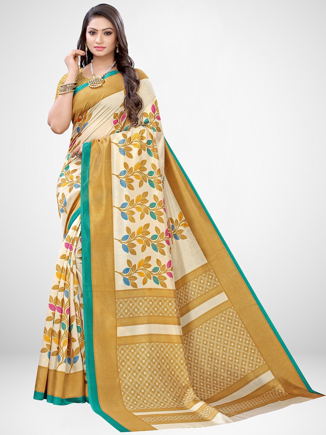 

KALINI Beige & Yellow Floral Silk Blend Saree