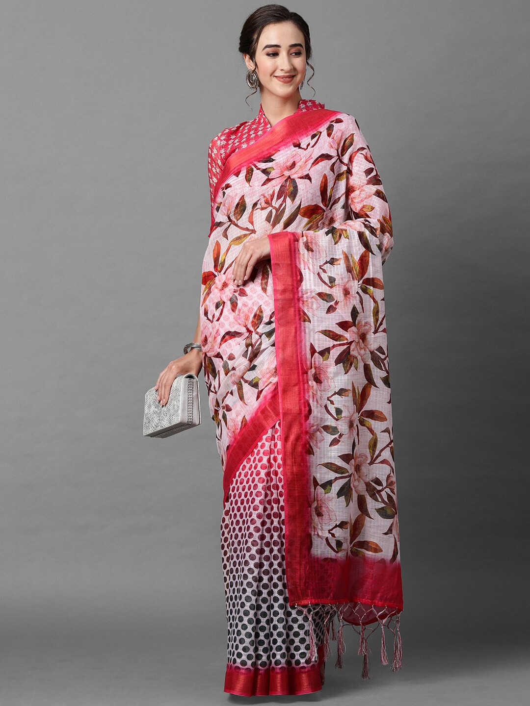 

KALINI Pink & White Floral Linen Blend Half and Half Saree