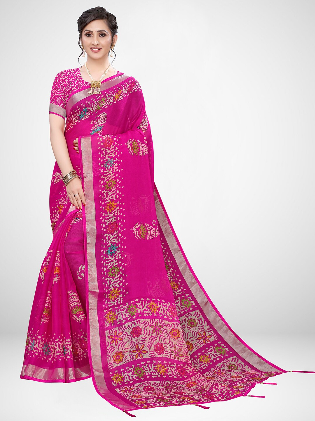 

KALINI Pink & Gold-Toned Ethnic Motifs Art Silk Saree