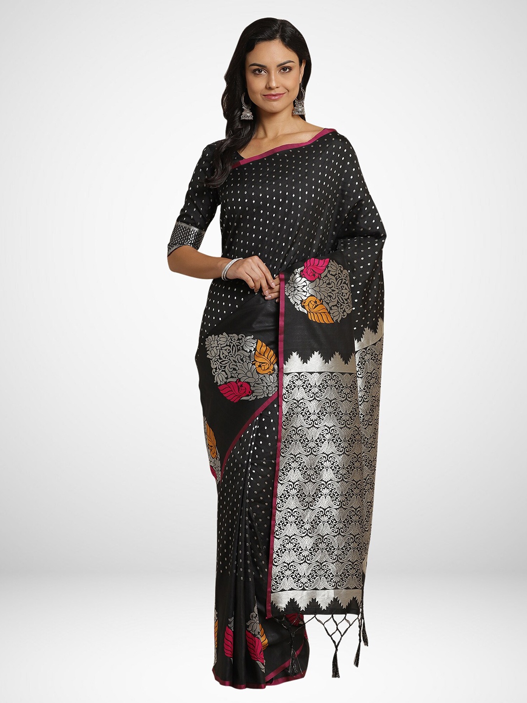 

KALINI Black & Silver-Coloured Ethnic Motifs Silk Blend Saree
