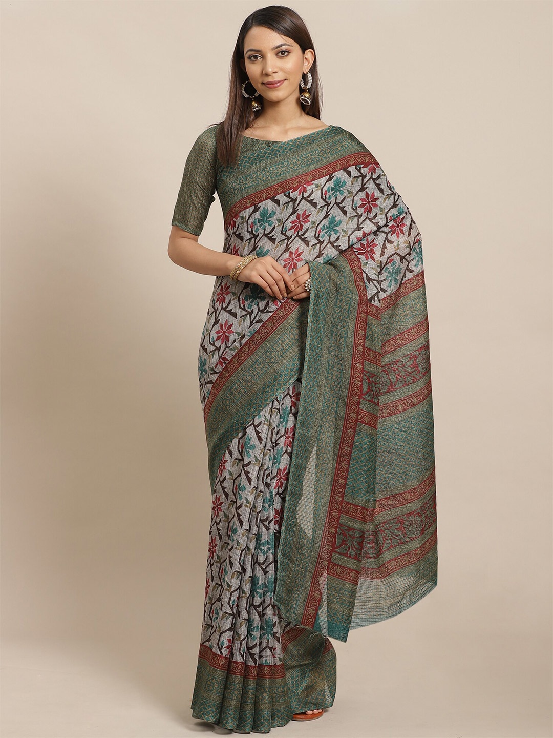 

KALINI Grey & Green Floral Silk Blend Saree