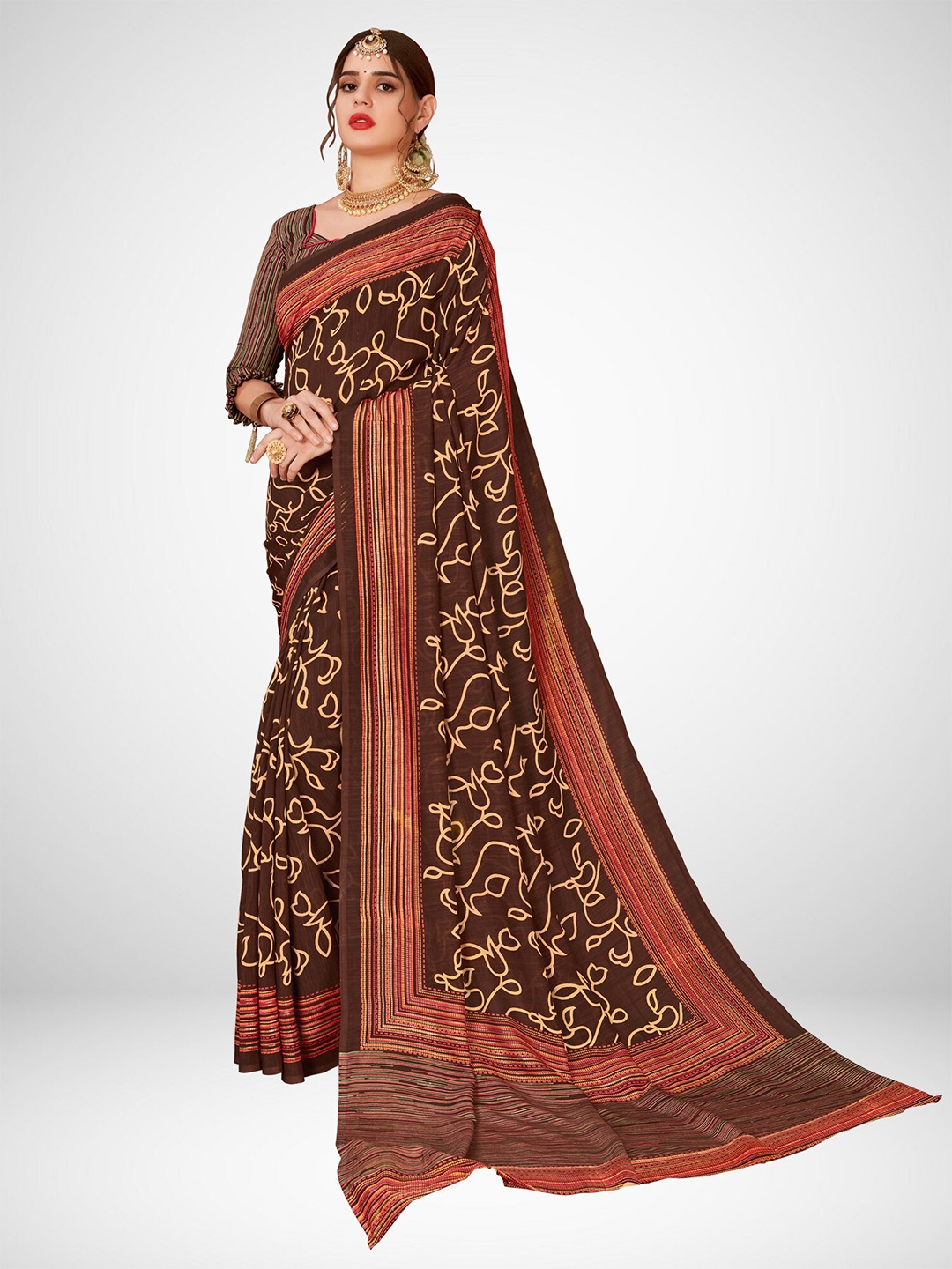 

KALINI Brown & Pink Floral Pure Georgette Saree