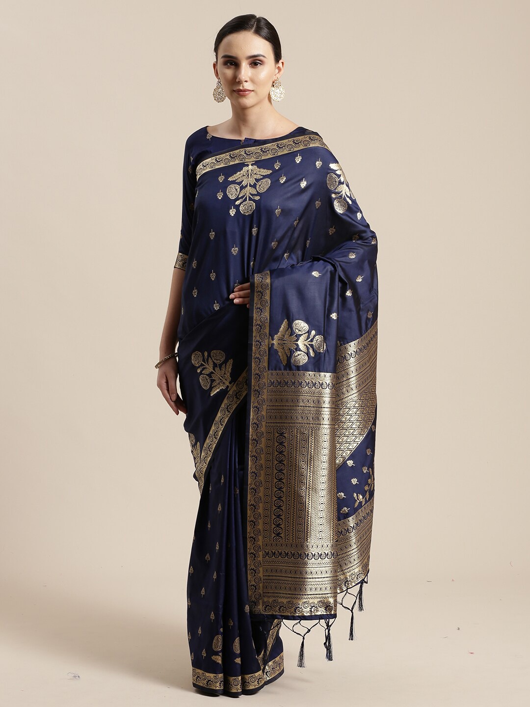 

KALINI Navy Blue & Gold-Toned Floral Zari Silk Blend Saree