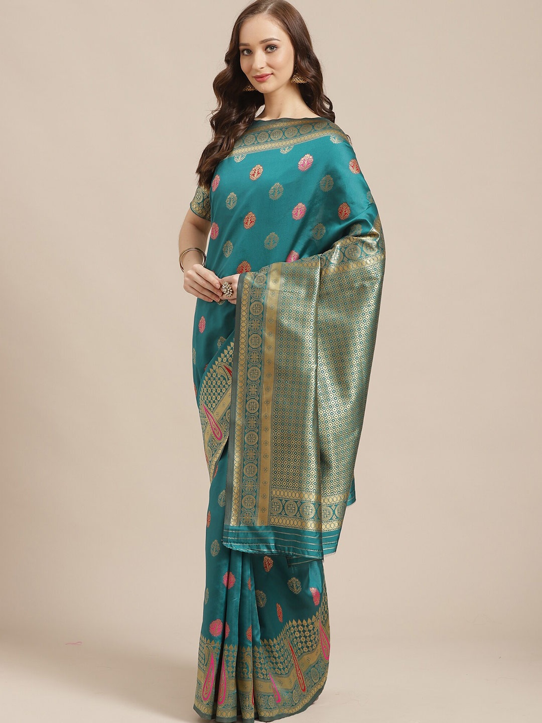 

KALINI Teal & Gold-Toned Woven Design Zari Silk Blend Saree