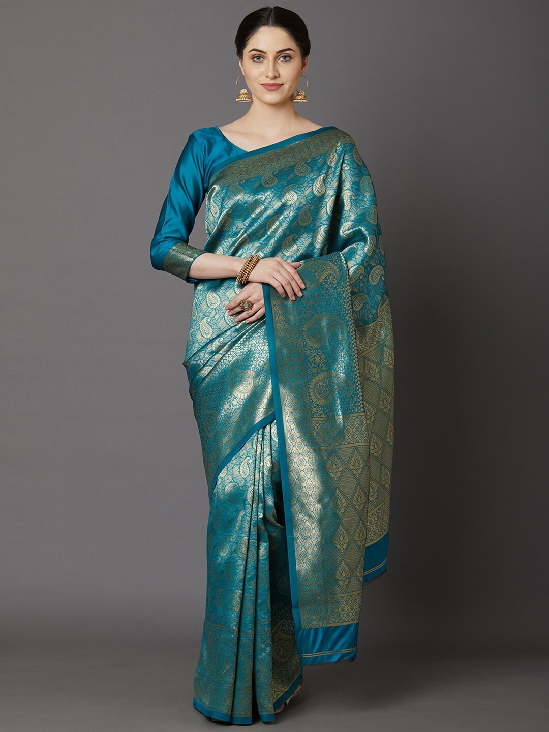 

KALINI Teal & Gold-Toned Paisley Zari Silk Blend Saree