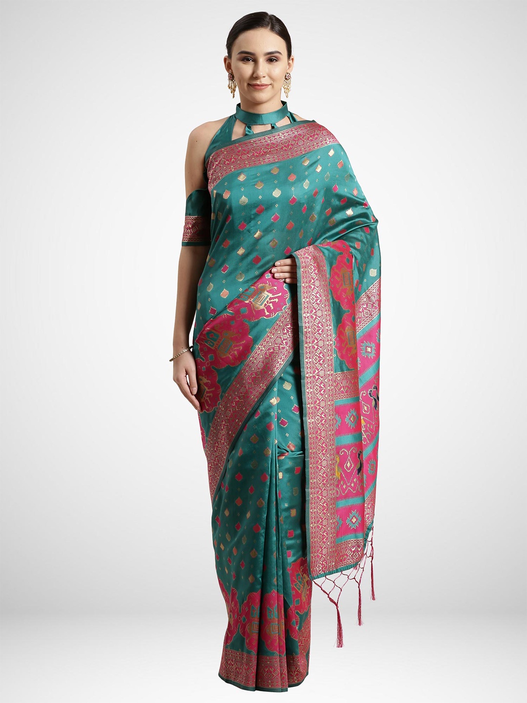 

KALINI Teal & Red Woven Design Silk Blend Saree